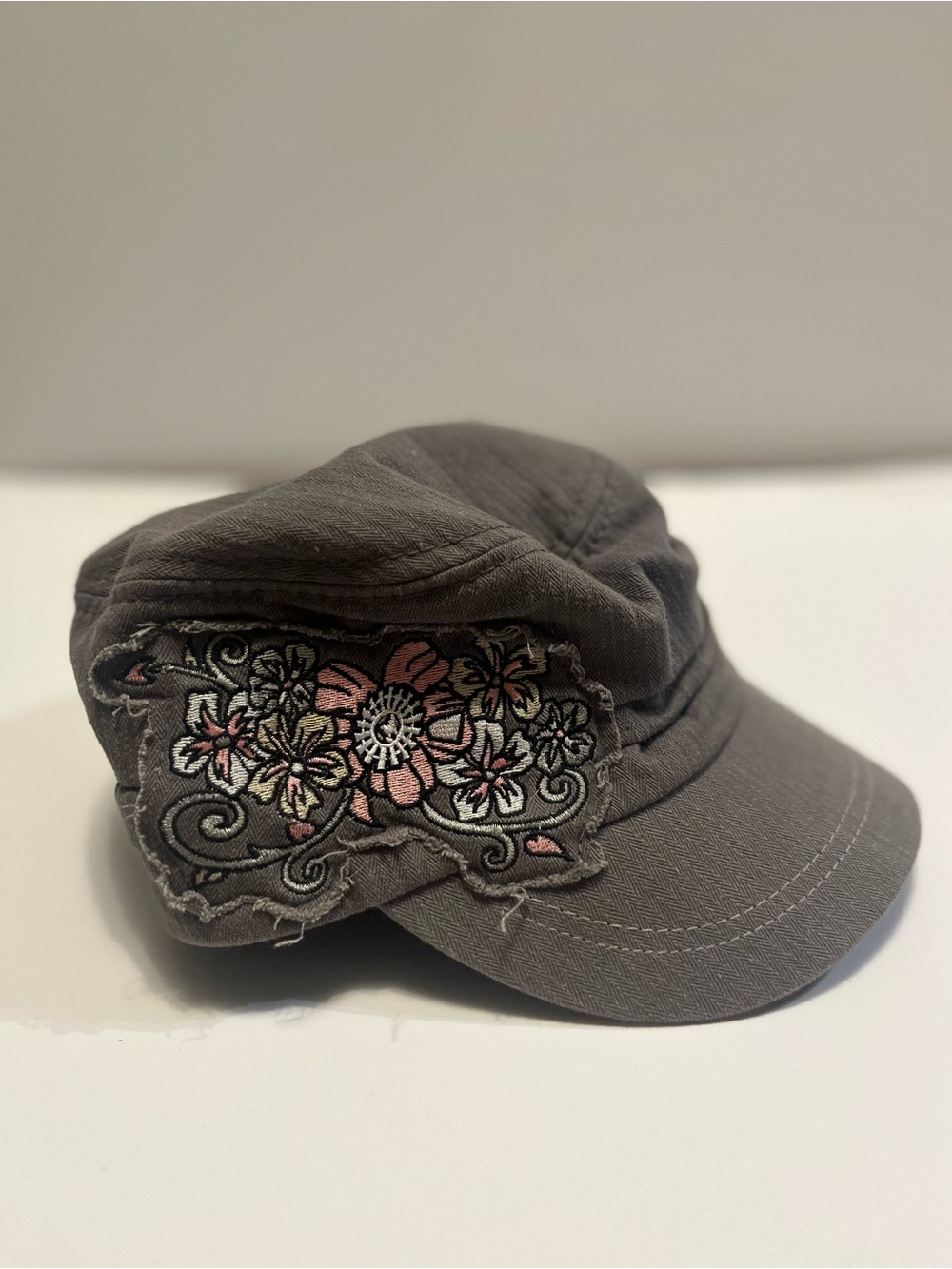 Farm Girl Floral Embroidered Military or Painters Cap - Gray with Pink Accents